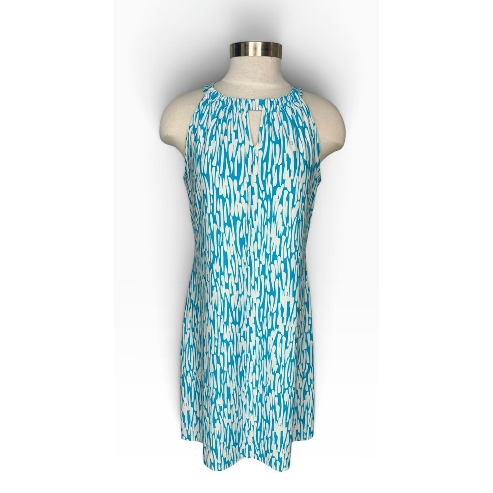 Jude Connally Lisa Halter Keyhole Dress Turquoise Blue Abstract Print Sleeveless